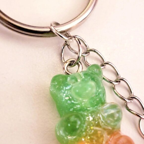 Handmade Green Orange Pink Silver Ombre Glitter Gummy Bear Keychain - Picture 6 of 7